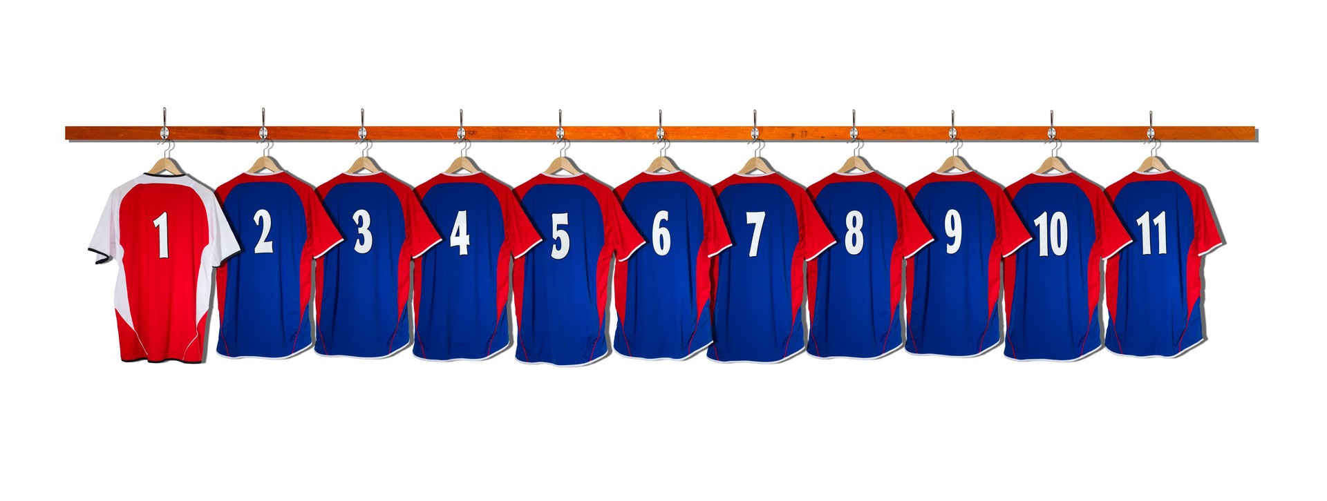 Row of Blue and Red Football Shirts